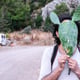 Portrait of a man with a cactus plant on the side of the road