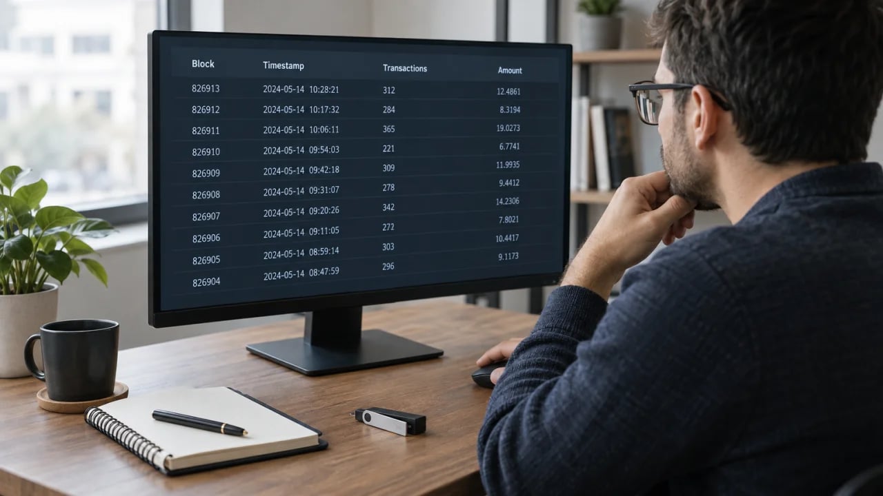 Man studying a transaction list on a desktop monitor.