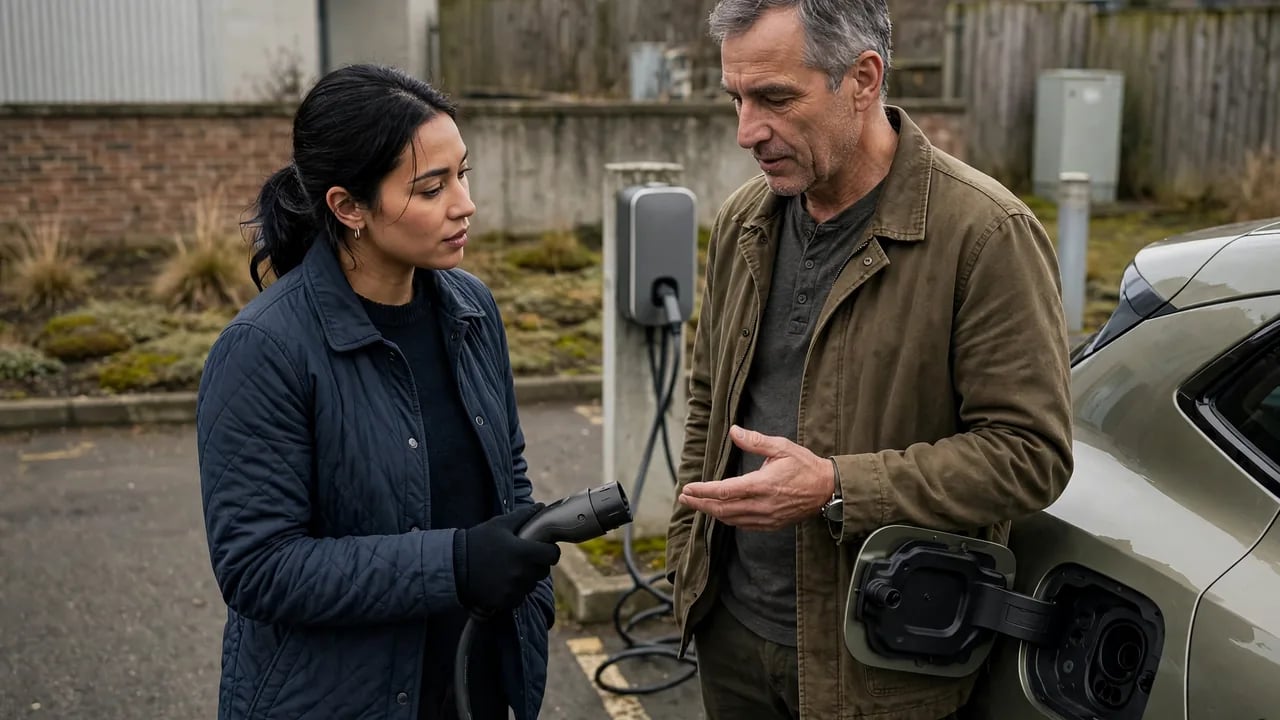 A woman holding an electric vehicle charging plug stands next to a man gesturing toward a car's charging port in an outdoor parking lot with a wall-mounted charging station in the background.