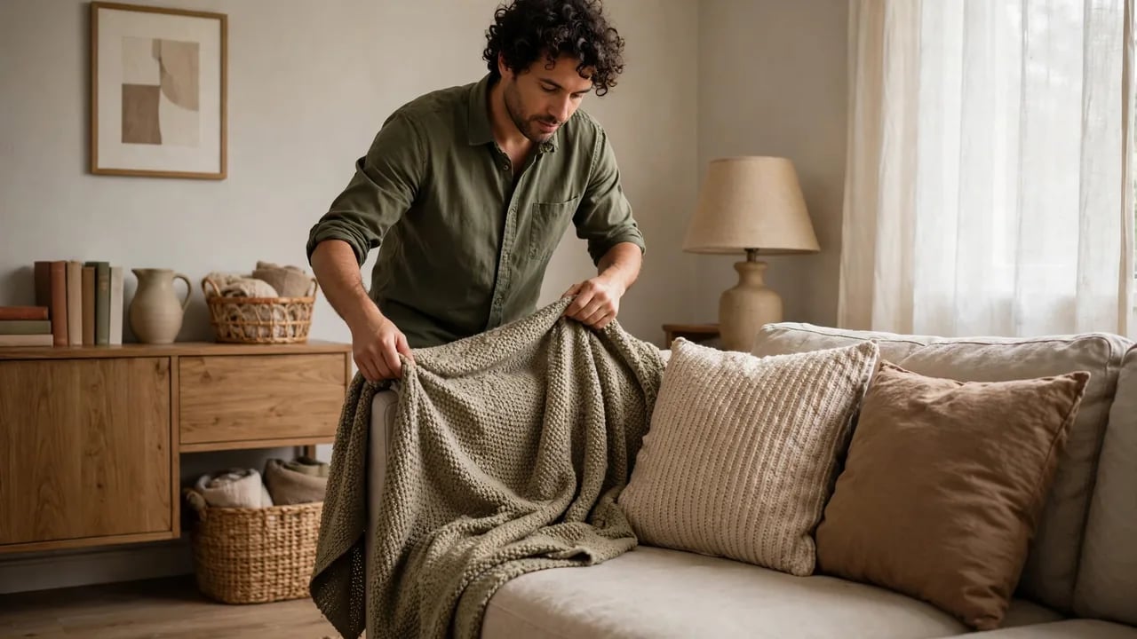 A man with curly hair wearing a green shirt stands in a living room, arranging a textured throw blanket over a beige sofa with decorative pillows.
