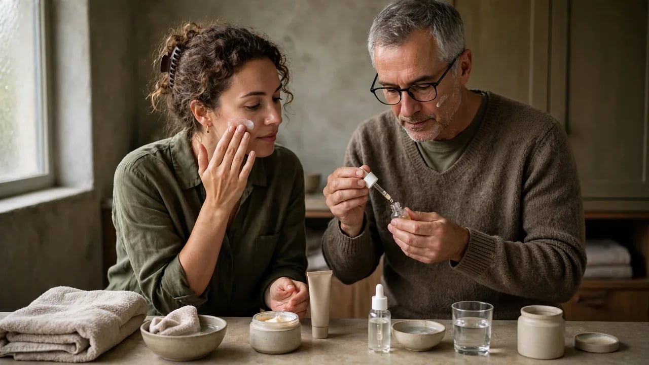 A woman with curly hair applying cream to her face and a man wearing glasses using a dropper bottle for skincare while sitting at a table with various beauty products.