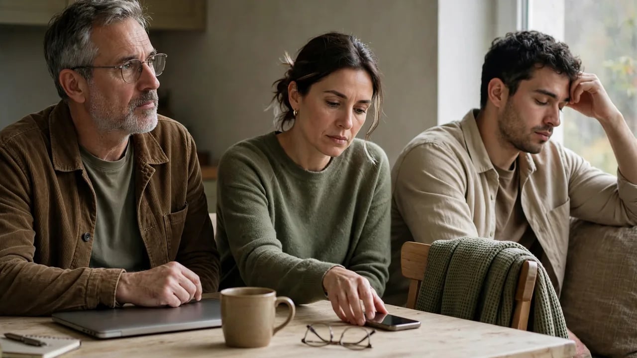 A mature man, a woman, and a younger man sitting at a wooden table looking concerned or pensive.