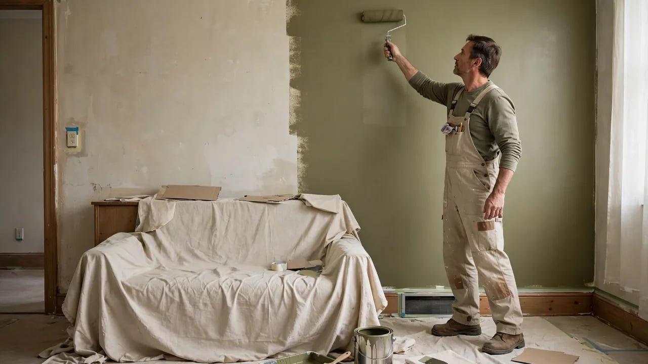 A man in tan overalls paints a wall olive green using a roller, while a covered sofa sits nearby in a room undergoing renovations.