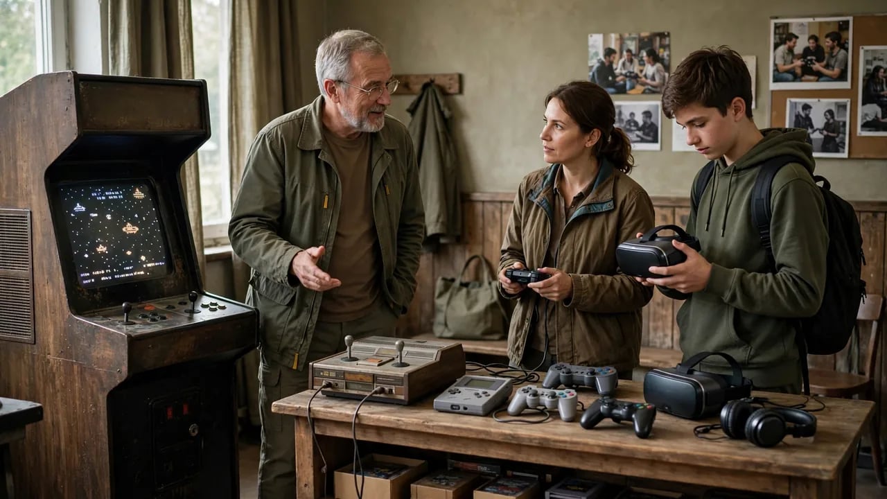 An older man, a woman, and a teenage boy standing in a room with various vintage and modern video game equipment, including an arcade cabinet, a retro console, handheld devices, and virtual reality headsets.