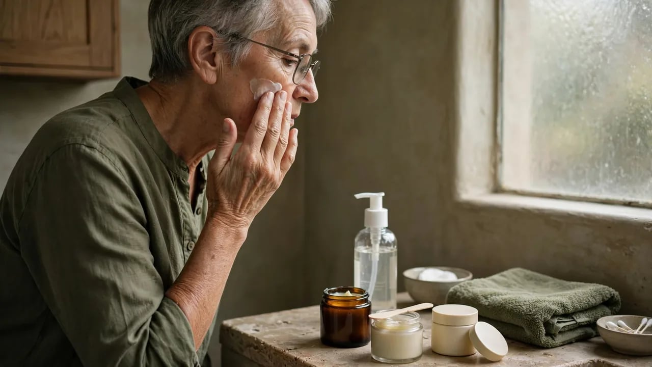 An older woman with short grey hair and glasses applies a white skincare cream to her cheek in front of a window, with jars and bottles of skincare products arranged on a stone surface beside her.