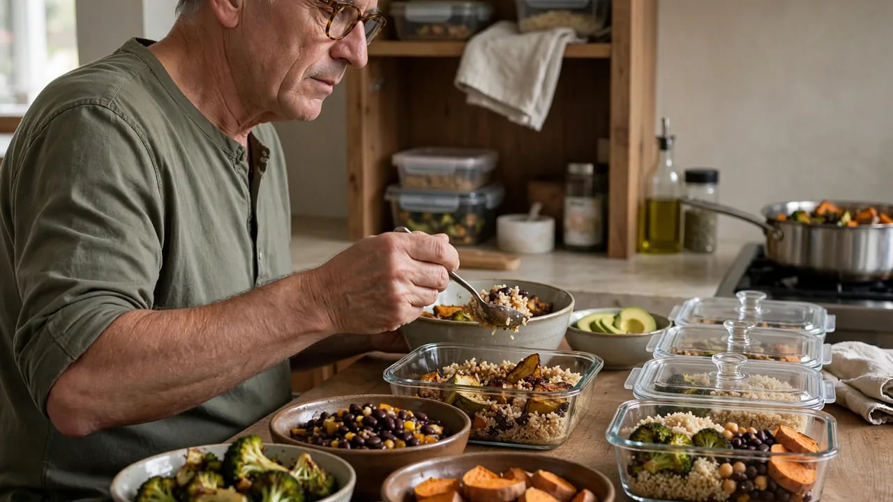 An older man in a green shirt prepares meal prep containers filled with roasted vegetables, grains, and beans on a kitchen counter.