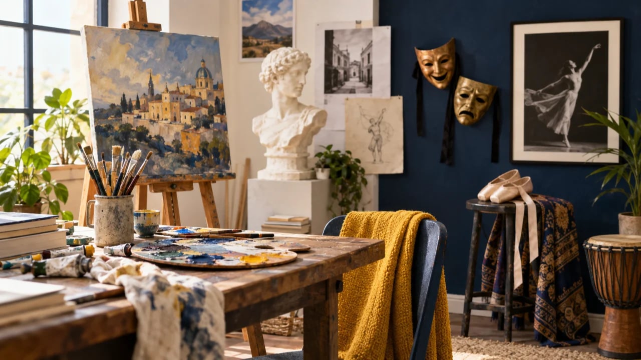 An art, film, or reading scene in a warmly lit interior.