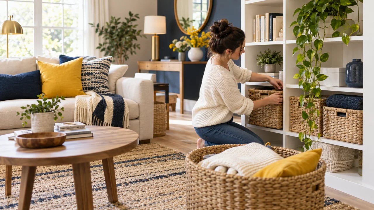A tidy, sunlit home interior with decor or household materials.