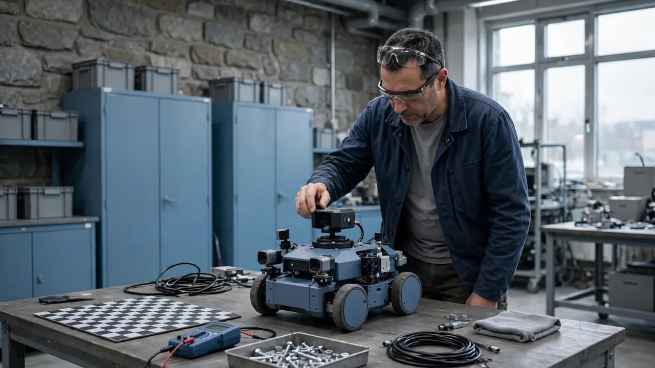 A technician wearing safety goggles adjusting a small, wheeled robotic unit on a workbench in a workshop setting.