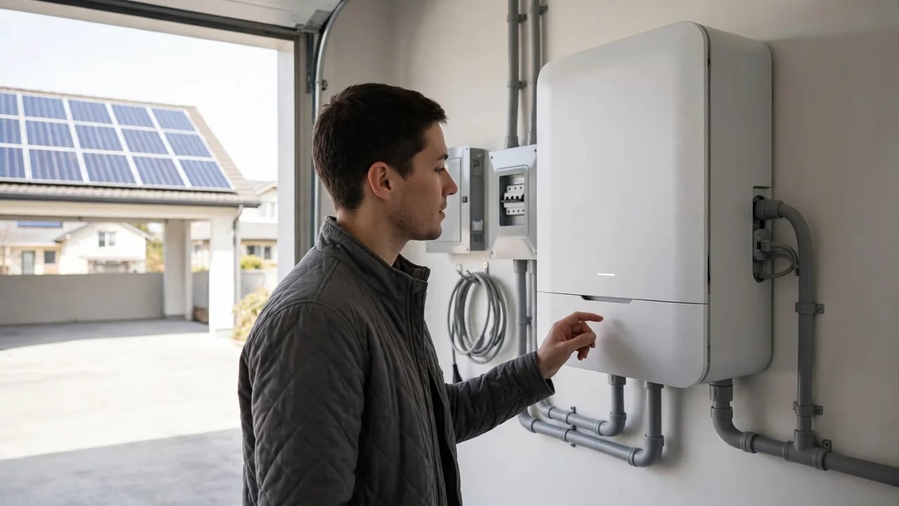 A man in a grey quilted jacket standing in a garage, touching a white solar battery unit mounted on the wall, with solar panels visible on the roof outside.