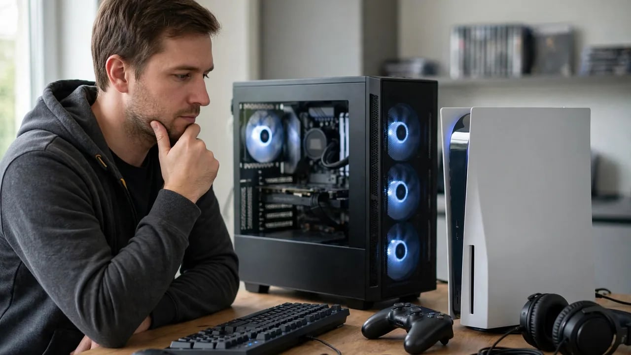 A man looking thoughtfully at a desktop PC tower and a game console sitting on a desk.
