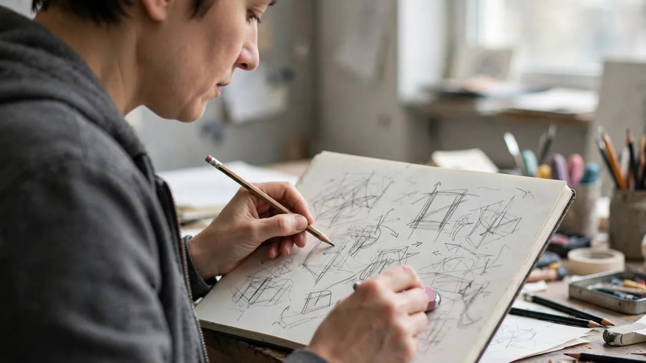 A person sketching geometric shapes and lines with a pencil and eraser in a notebook at a desk.