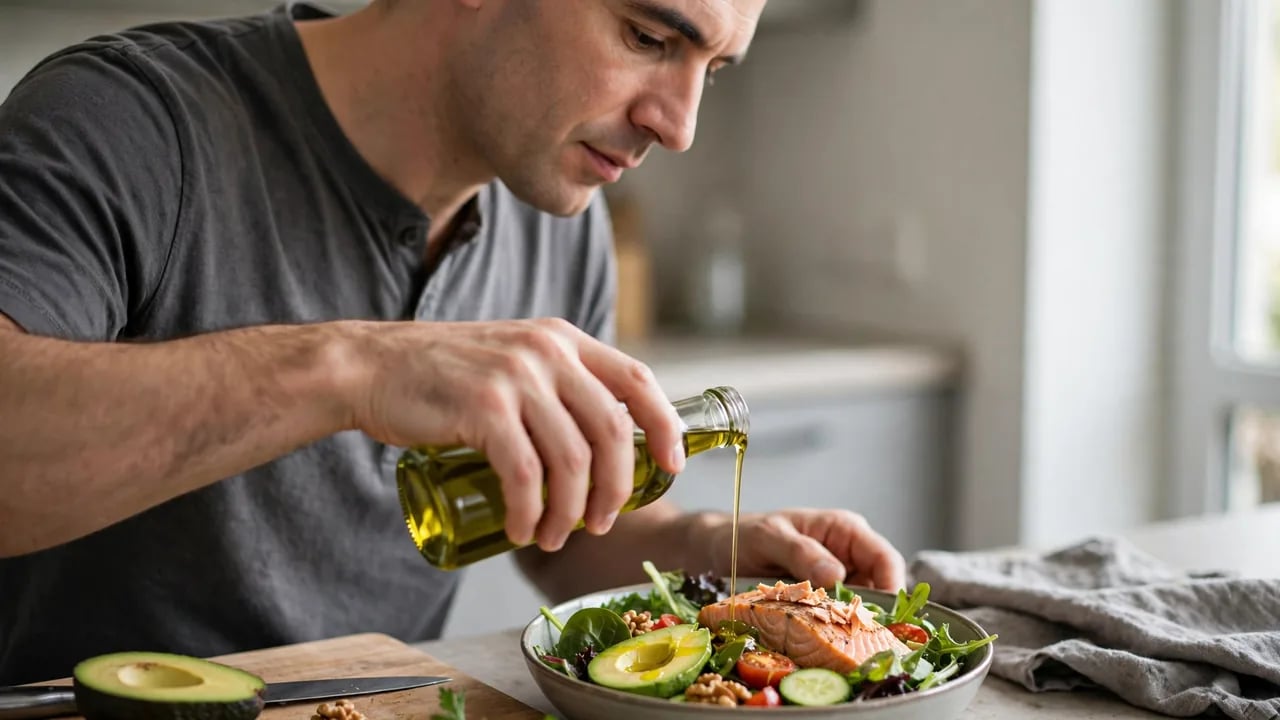 A man in a grey shirt pouring olive oil from a glass bottle onto a healthy salad containing salmon, avocado, walnuts, and greens.