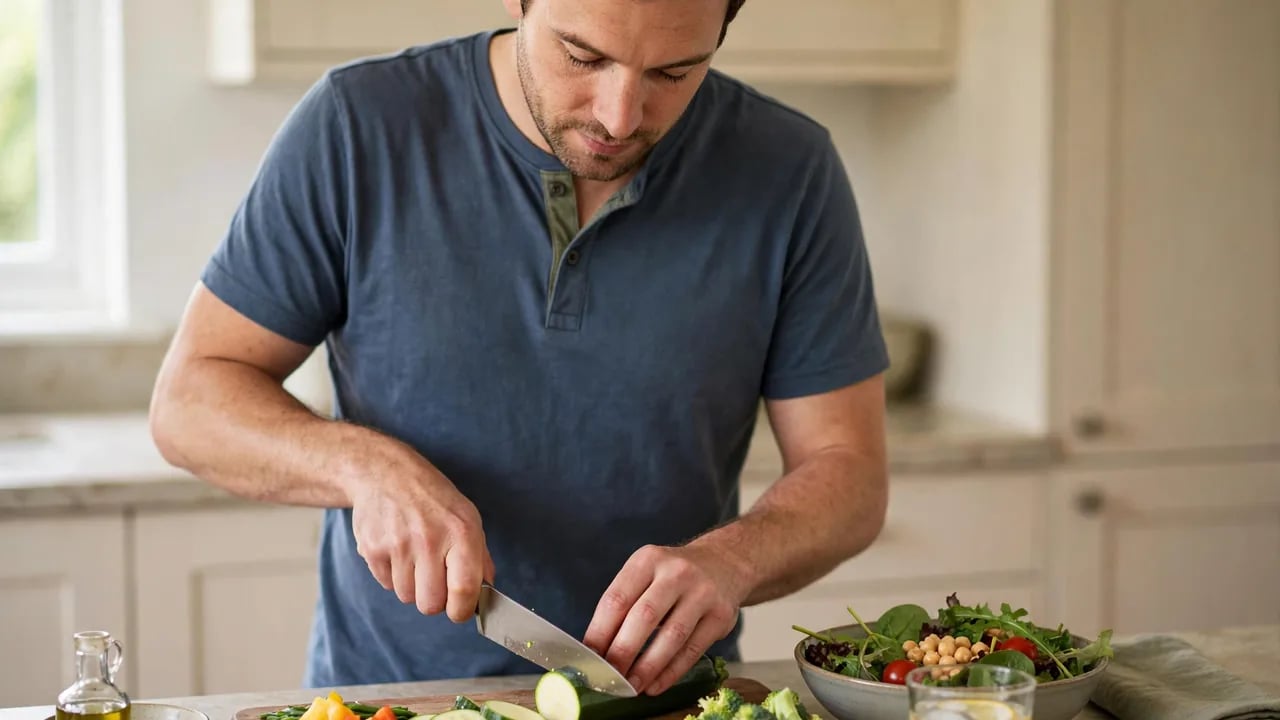 A man in a blue t-shirt slicing a zucchini on a wooden cutting board in a kitchen.