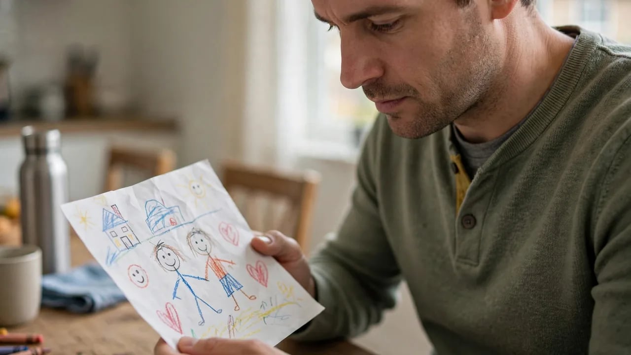 A man looking down at a child's colorful crayon drawing of two people, a house, and hearts.