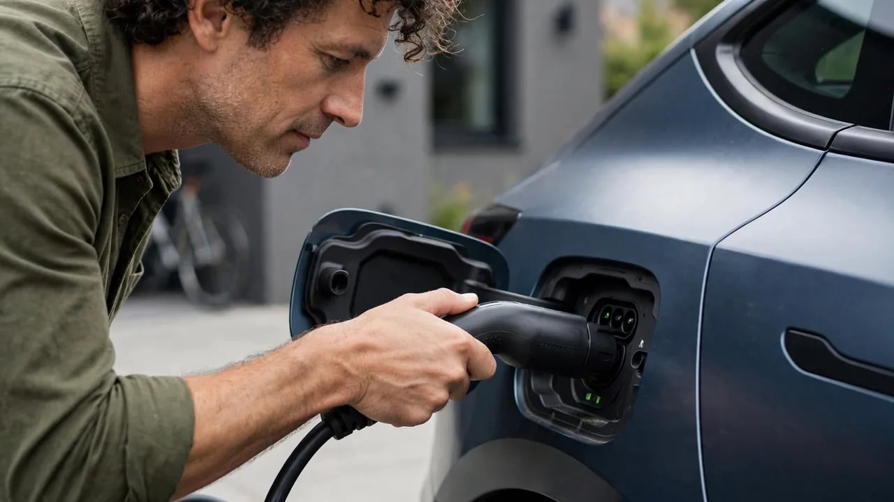 A man with curly hair wearing a green shirt plugging a charging cable into an electric vehicle.