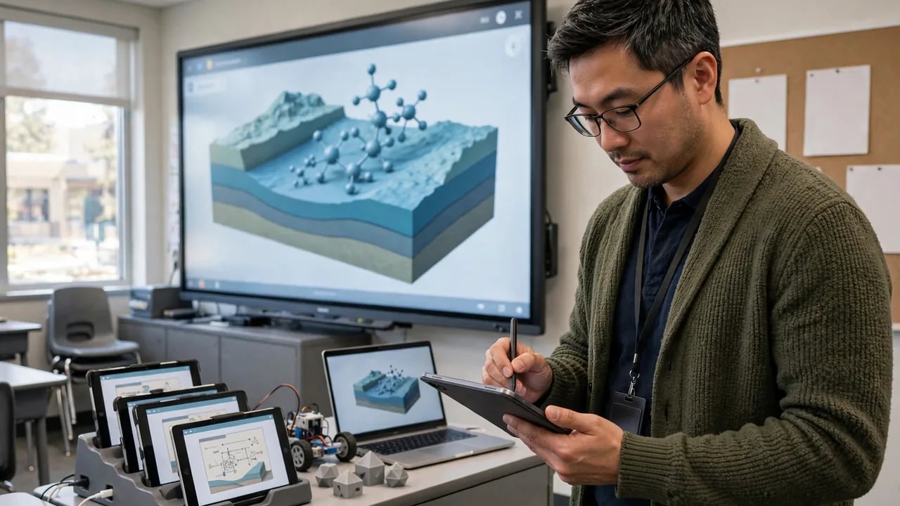 A teacher wearing glasses and a cardigan uses a digital stylus on a tablet in a classroom with a large display showing a 3D scientific model, several other tablets in a charging station, and a laptop on a desk.