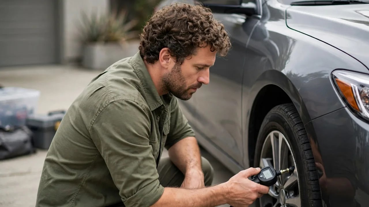 A man with curly hair wearing an olive green shirt kneels beside a gray car and checks the tire pressure with a digital gauge.