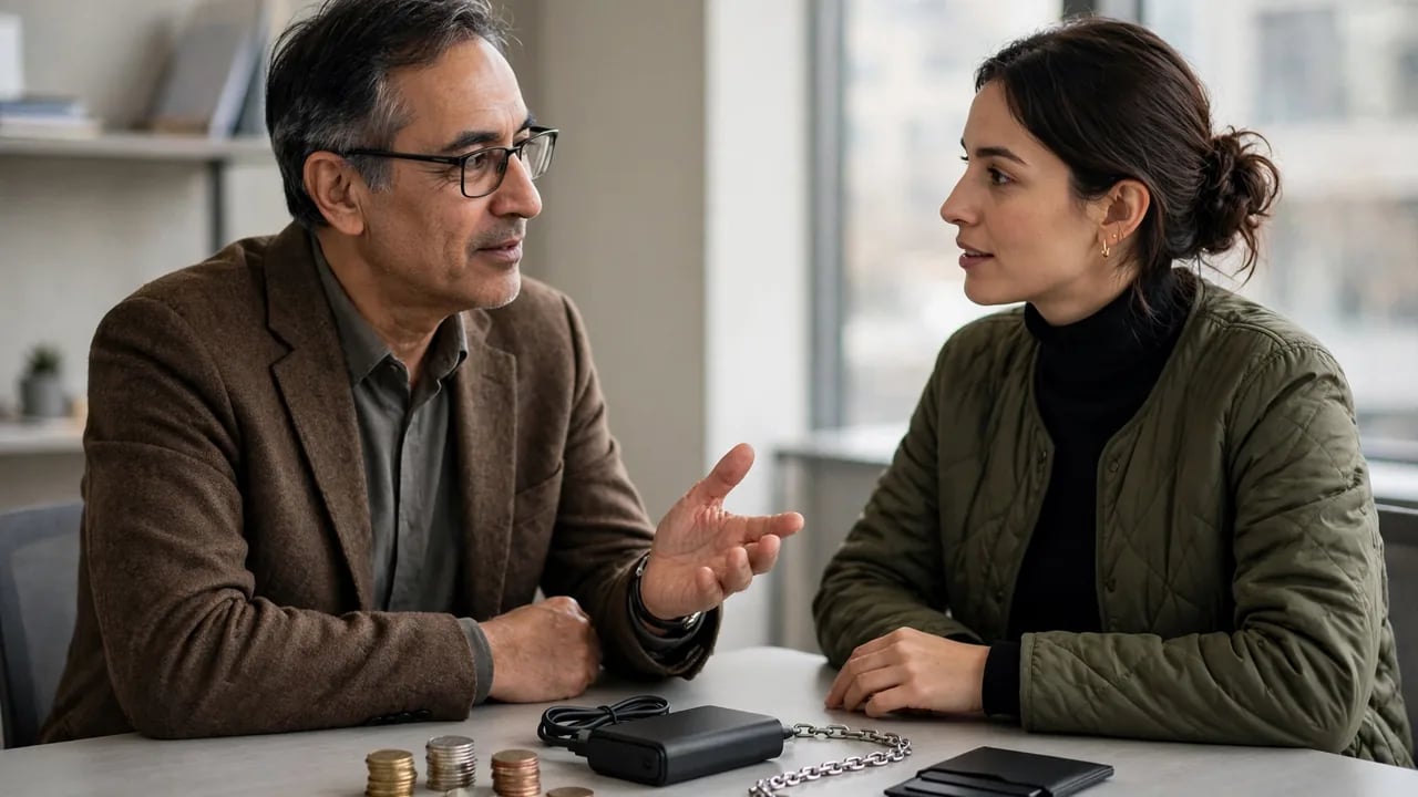 A middle-aged man in a brown blazer talks to a younger woman at a table, with small stacks of coins, a power bank, and a chain visible in front of them.