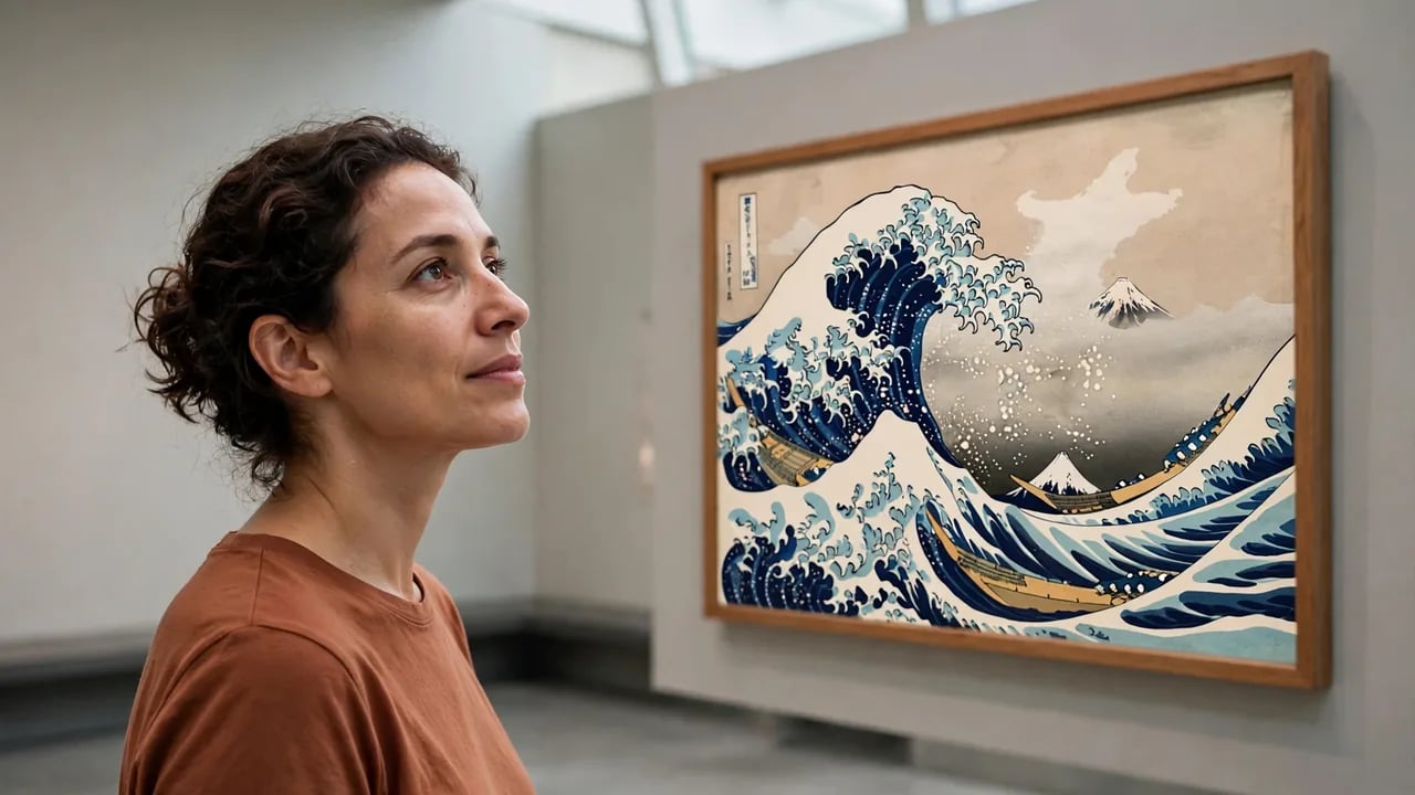 A person with wavy brown hair in a brown t-shirt looking at a framed print of The Great Wave off Kanagawa in a gallery.
