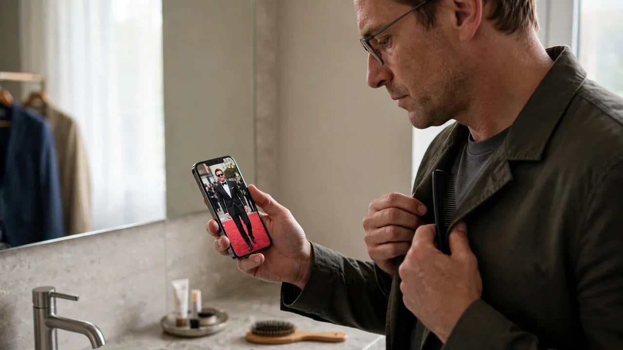 A man looking at his smartphone, which displays a picture of a man in a tuxedo walking on a red carpet, while standing in front of a bathroom mirror.