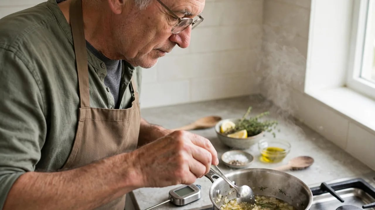 An elderly man wearing an apron stirs a steaming pot on a stovetop with a metal spoon, with cooking ingredients like lemon, herbs, and oil placed nearby on the counter.