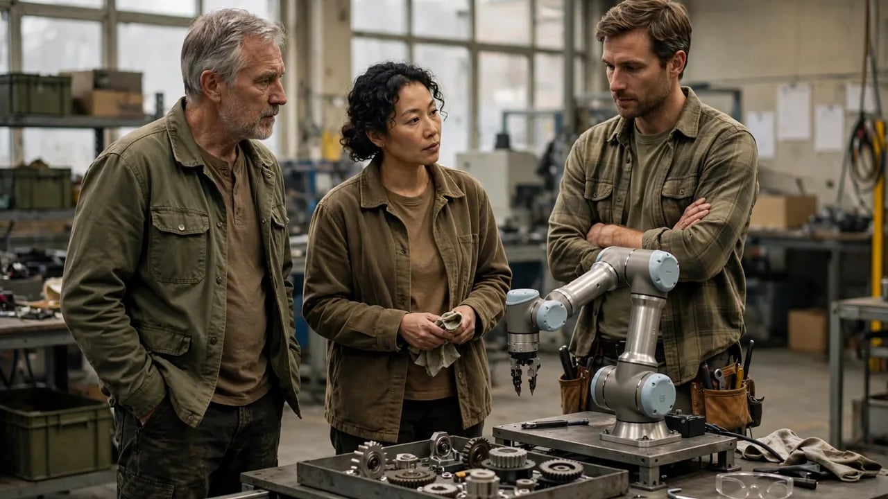 Three people in a workshop setting stand around a table and observe a robotic arm with gears spread out before them.