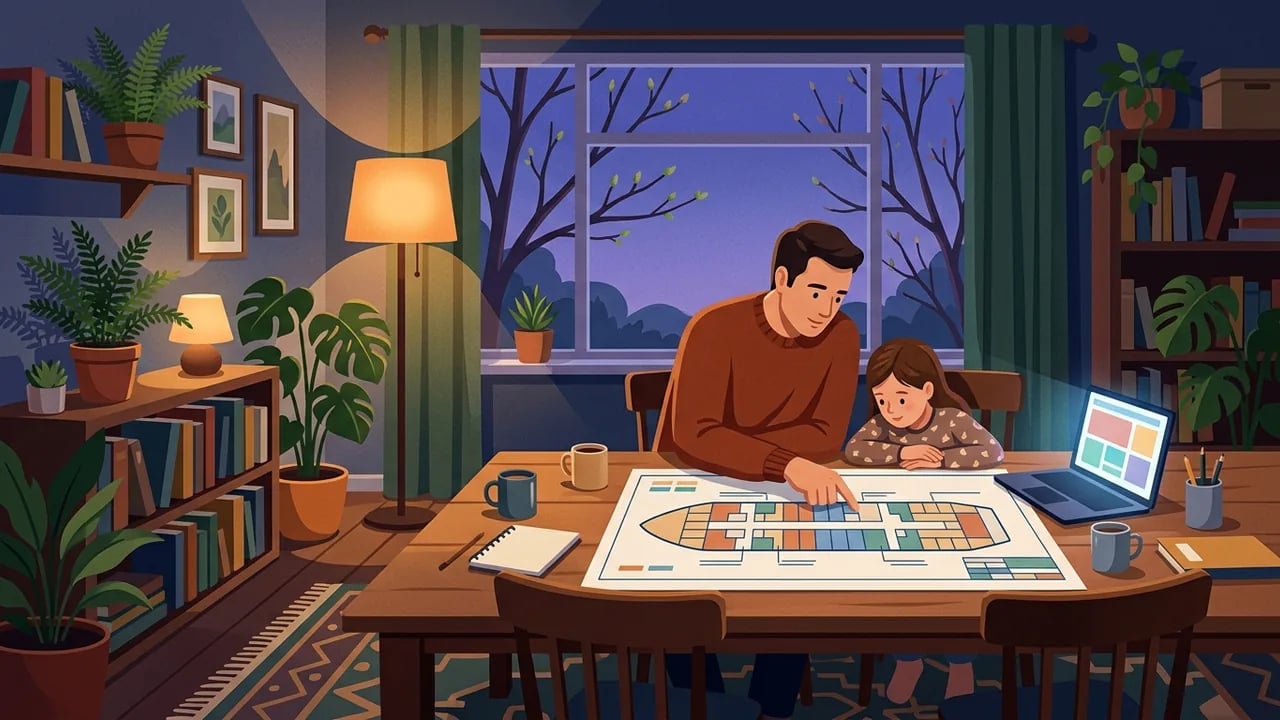 A man and a young girl looking at a cruise ship deck plan on a table in a cozy living room at night, with bookshelves, plants, and a laptop nearby.