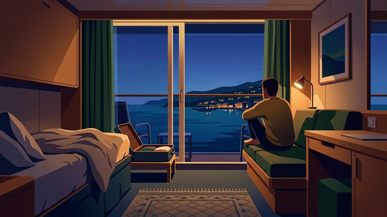A digital illustration showing a man sitting on a sofa in a cruise ship cabin, looking out at a nighttime view of the sea and a coastal town through a large balcony glass door, with an open suitcase on a chair nearby.