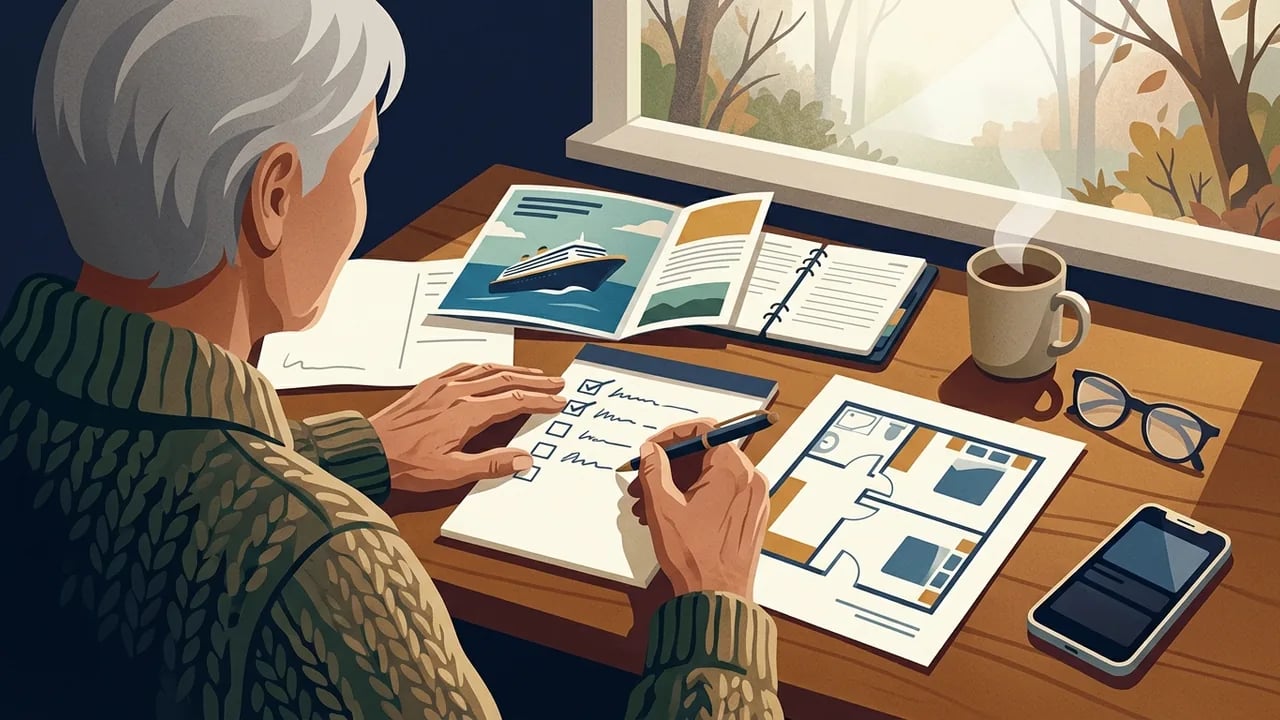 An older person with grey hair sits at a wooden desk by a window, filling out a checklist while reviewing a floor plan, a cruise ship brochure, and a mug of coffee.