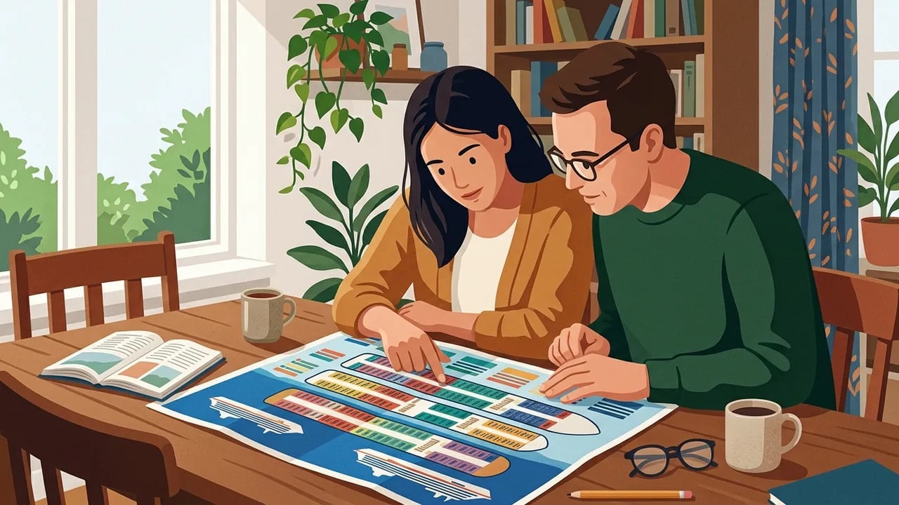 A man and a woman sitting at a wooden table in a sunlit room, looking down at a large illustrated cruise ship deck plan spread out before them while drinking coffee.