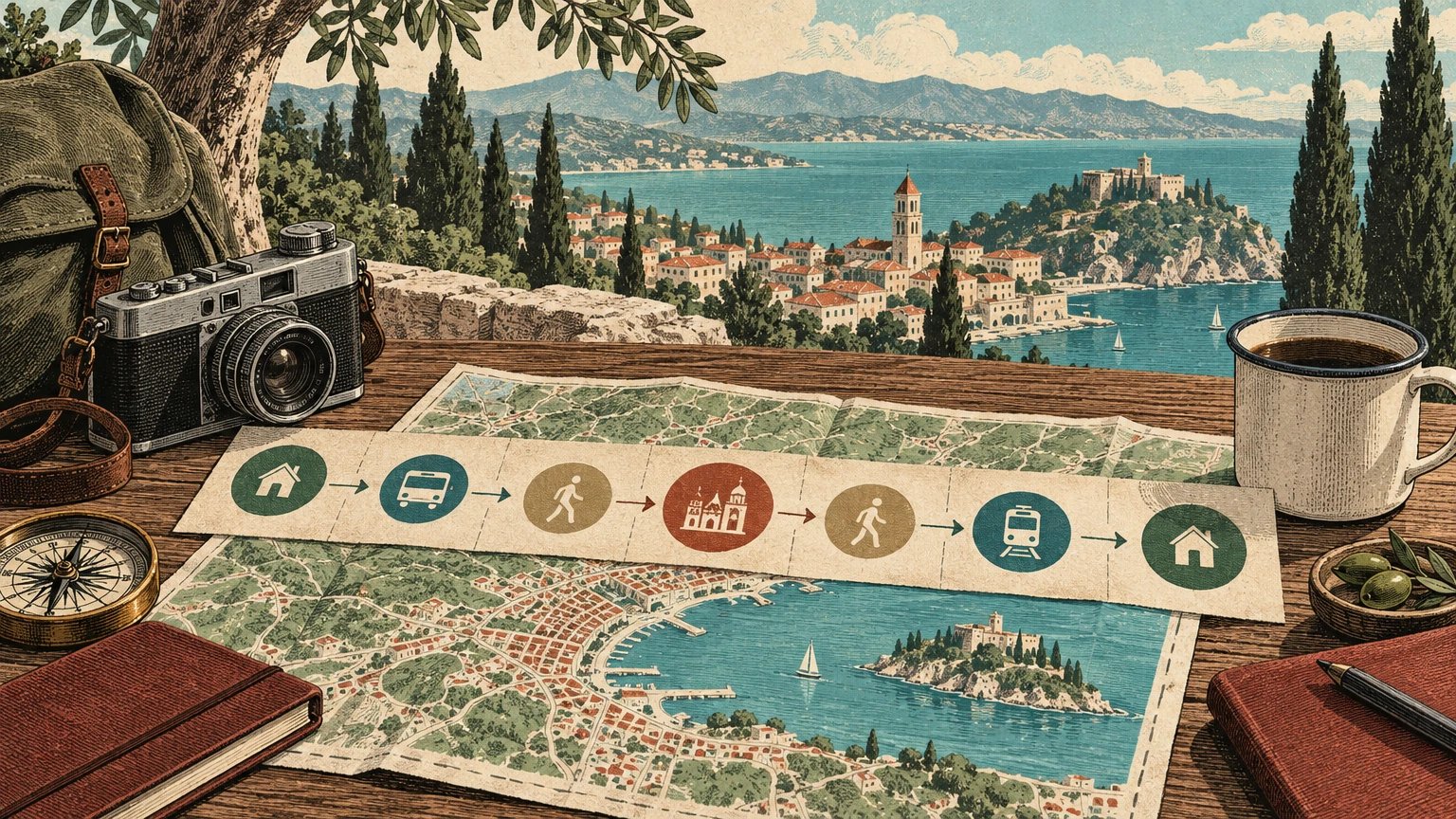 Illustrated day-budget strip separating outbound travel, place time, buffers and return travel