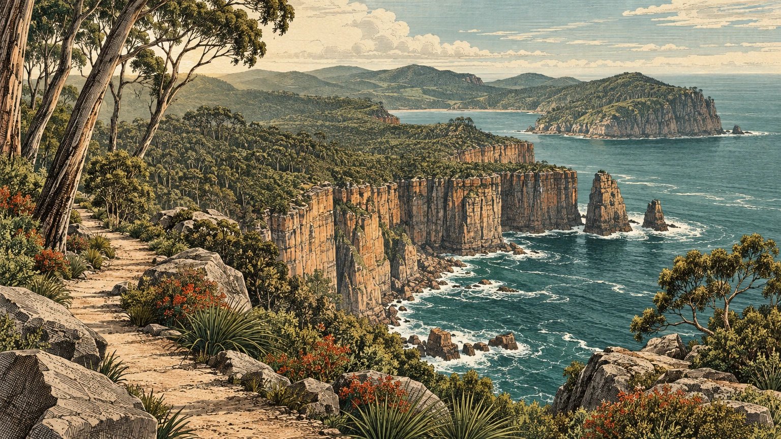 Illustrated Tasman Peninsula sea cliffs and tall forest beside a theme-first day card