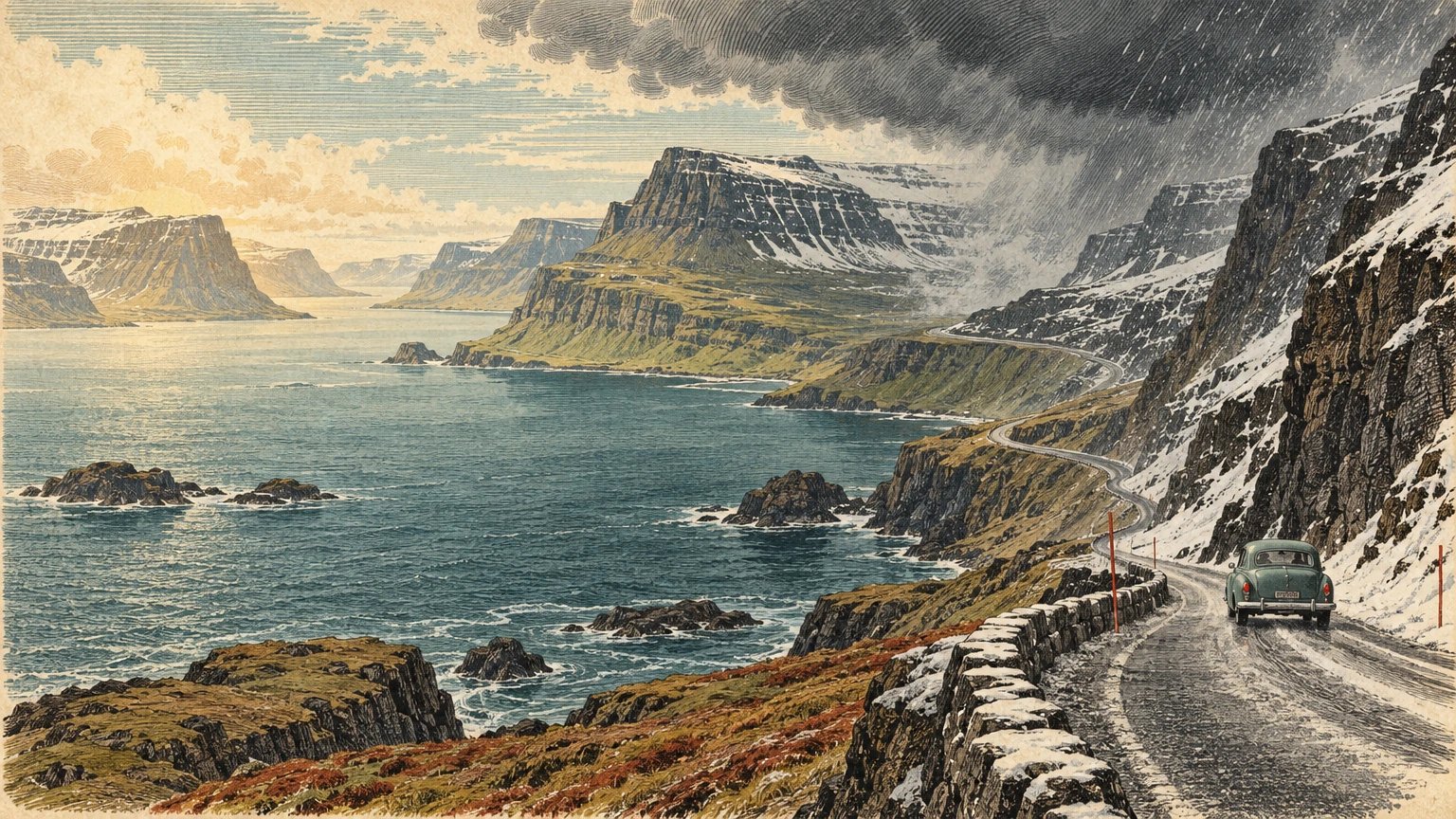 Illustrated Westfjords road curving beside steep coast with weather and road-status cards