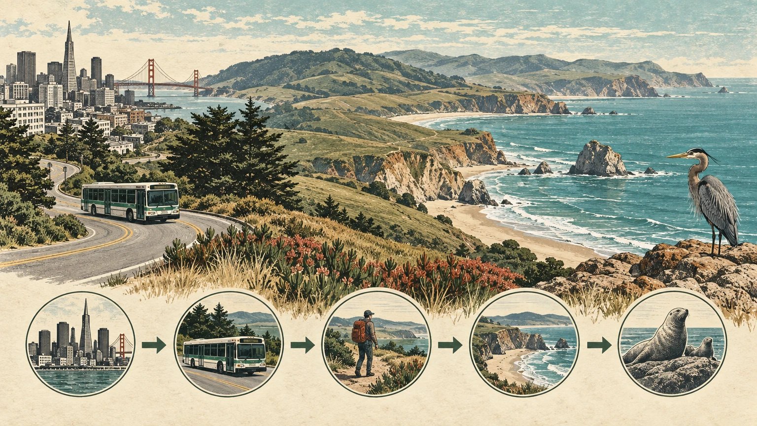 Illustrated Point Reyes headland, beach, grassland and forest ridge with a city-to-coast planning card