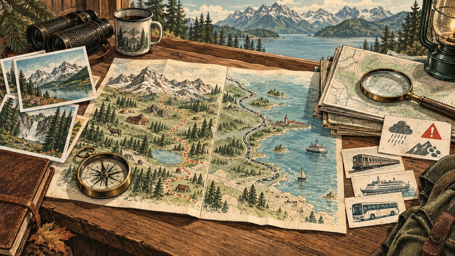 Illustrated desk map with separate cards for inspiration, official maps, alerts and transport checks