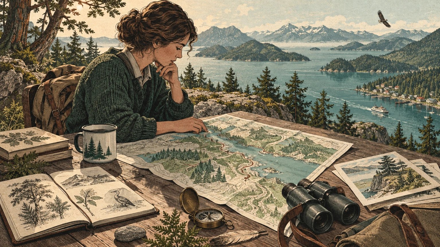 Illustrated landscape map with observation, interpretation and legitimate-access cards