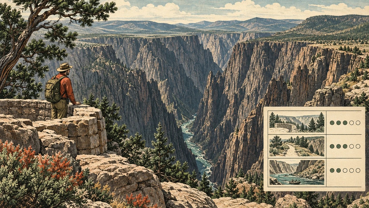 Illustrated Black Canyon rim, narrow shadowed gorge, overlook road, walking path and rim-access table