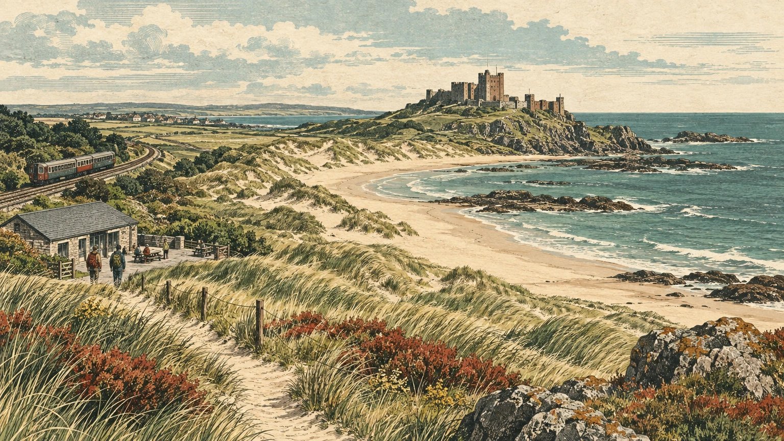 Illustrated Northumberland coast with dunes, stone castle silhouette, rail line, and walking-plan card