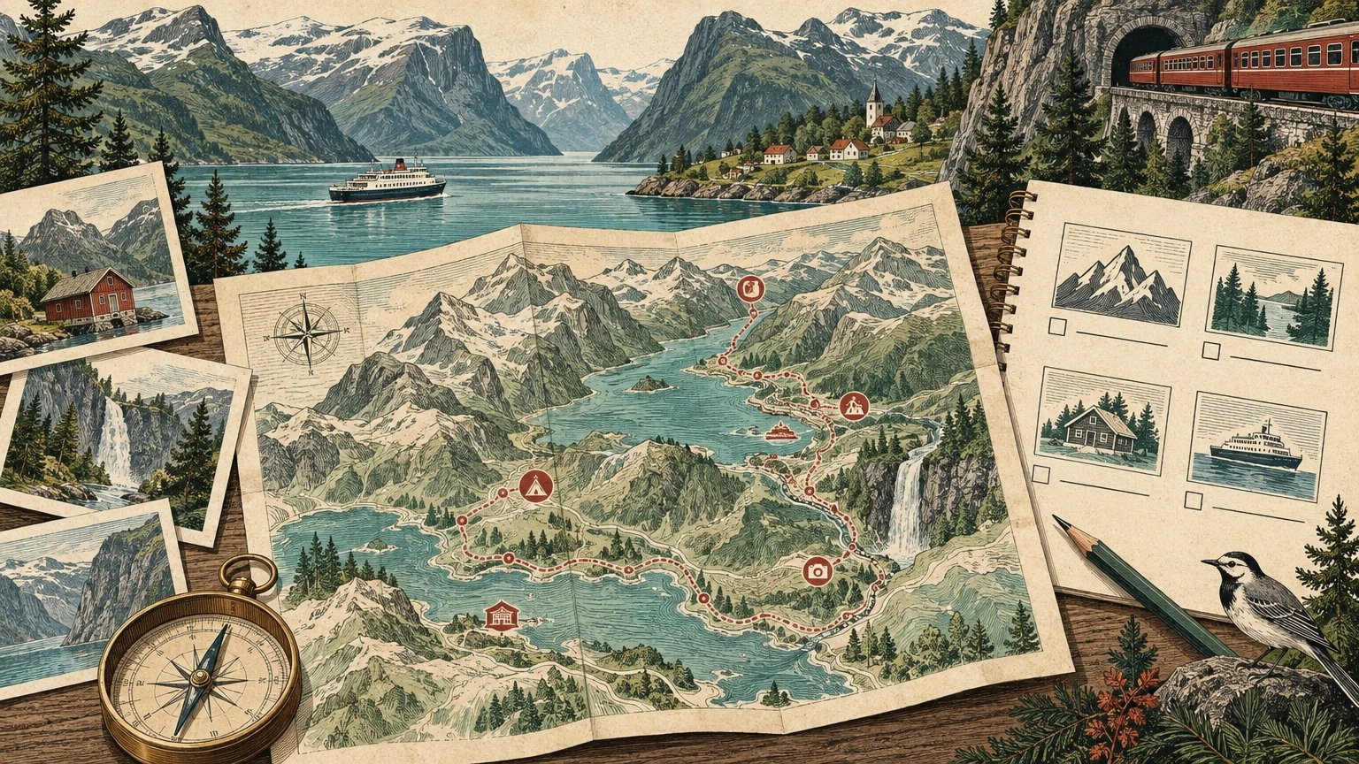 Illustrated tactile map with landscape, pace, time, and access planning cards