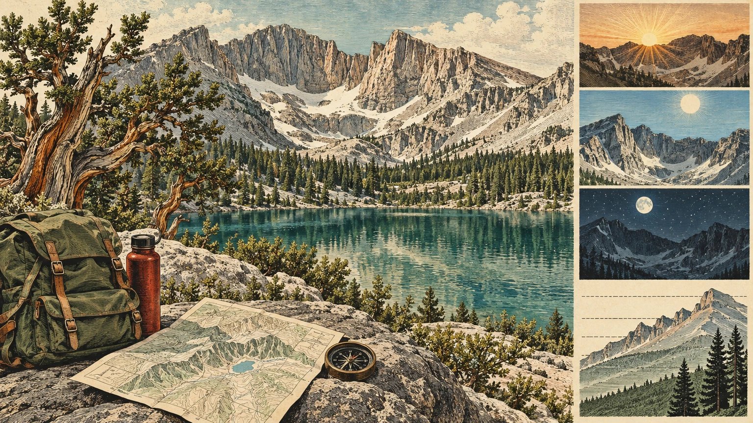 Illustrated Great Basin night sky above a high desert ridge, cave entrance motif, and three-part planning card