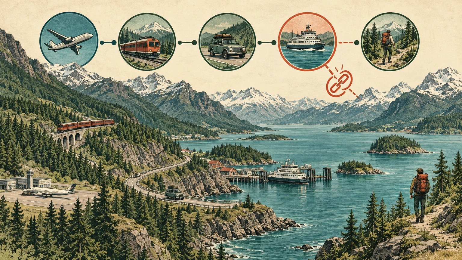 Illustrated route chain linking plane, rail, car, ferry, and trail with one weak connection highlighted