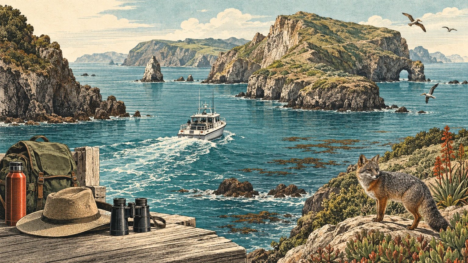 Illustrated Channel Islands crossing with boat, island cliffs, ocean channel, and linked boat-day dependency chain