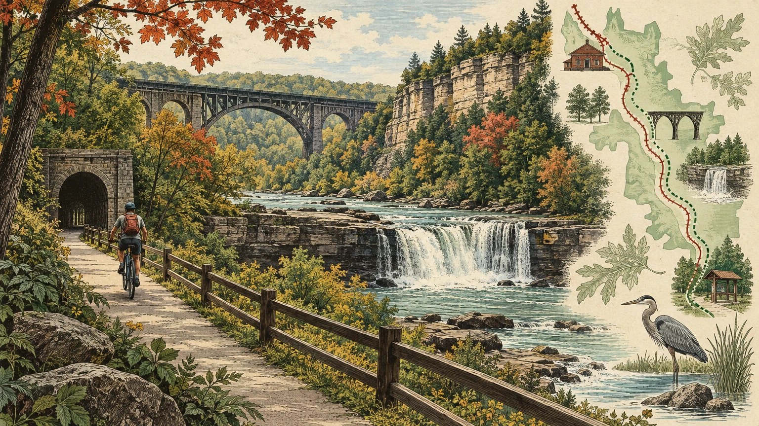 Illustrated Ohio canal towpath, bicycle, wooded valley, rail line, and a three-node connection map
