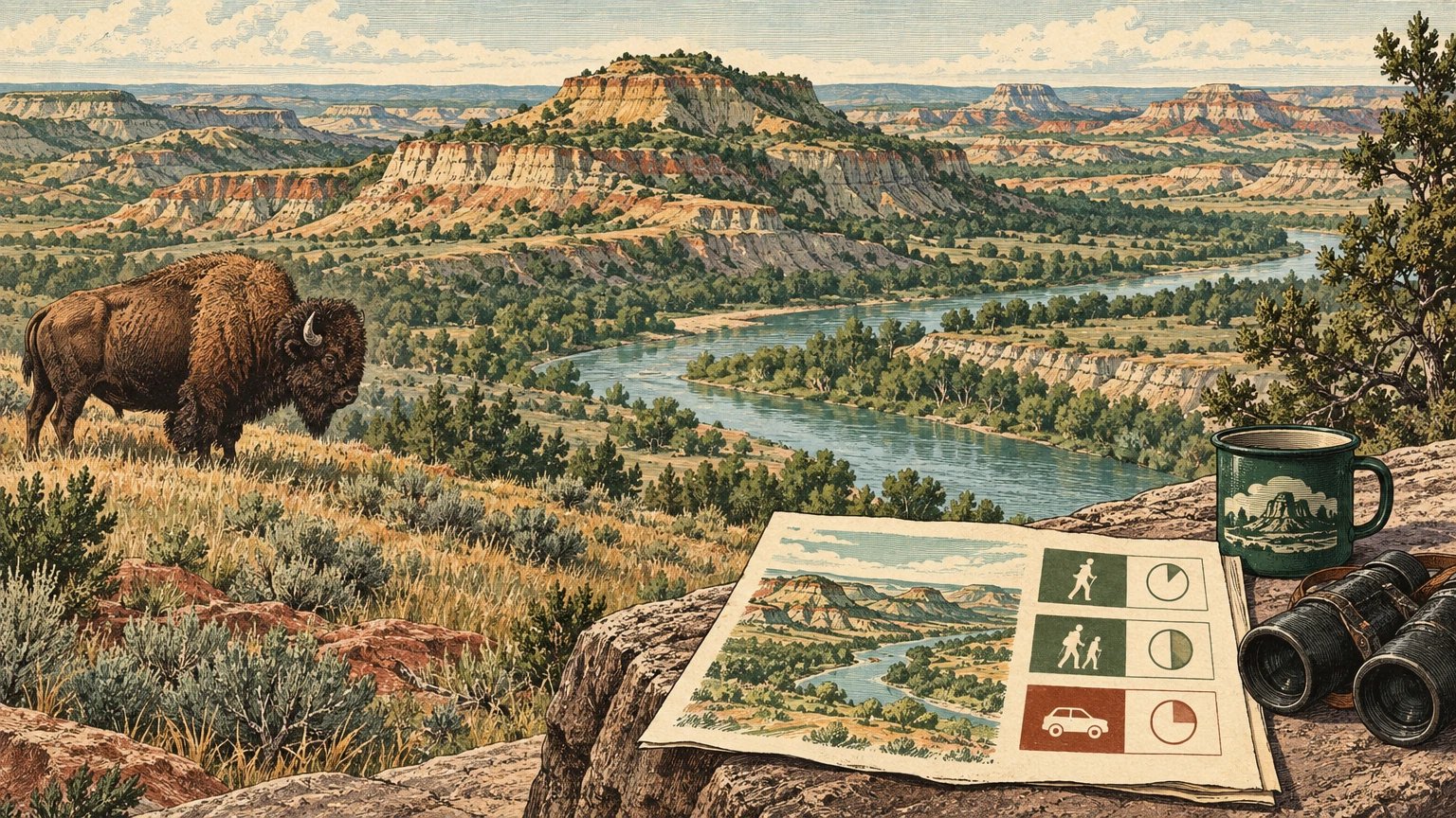 Illustrated North Dakota badlands with layered buttes, scenic road, walking path, and unit-and-time chooser