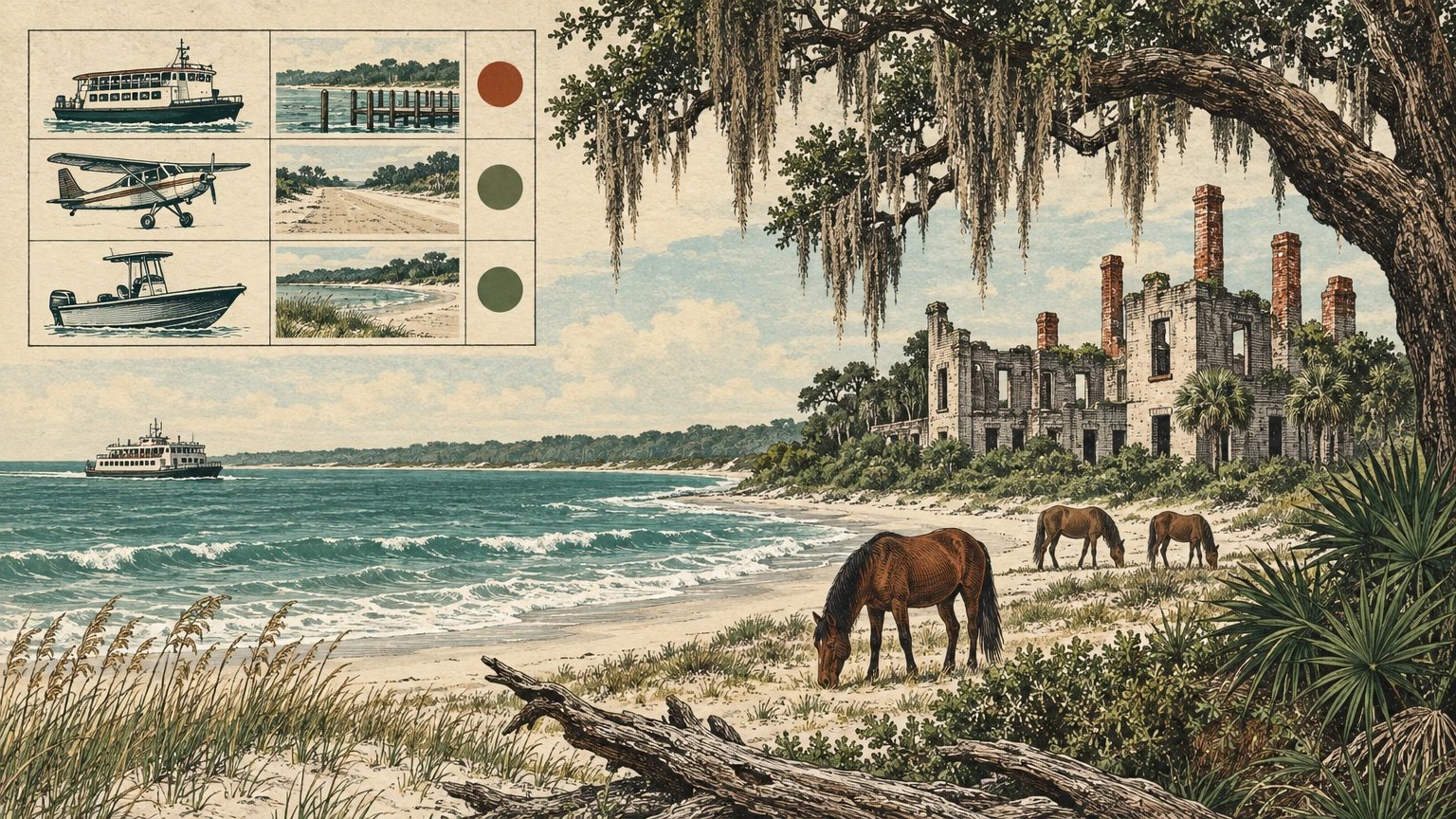 Illustrated Georgia island with passenger ferry, wooded path, beach, bicycles, and access decision table