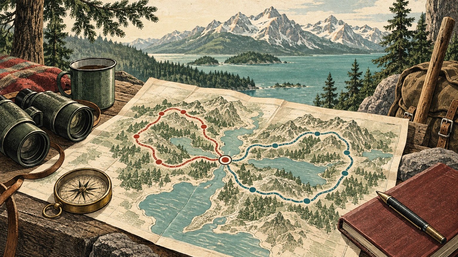 Illustrated destination map with a shared anchor, two parallel activity loops and a marked reunion point