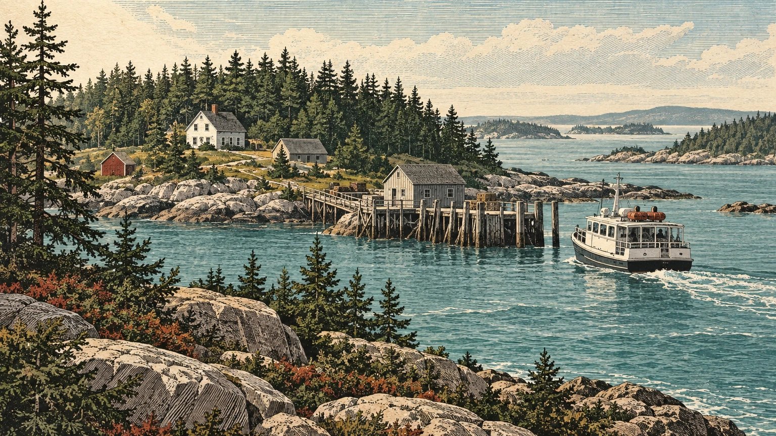 Illustrated Maine island landing with a passenger ferry, wooded shoreline, trail, and return-time planning card