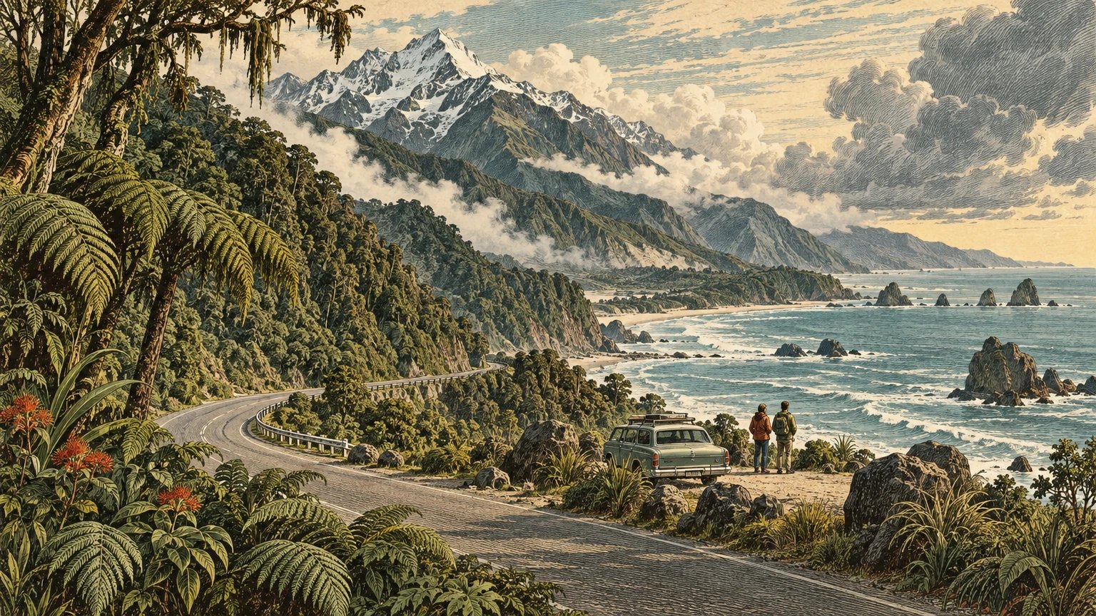 Illustrated New Zealand West Coast road between rainforest, mountains, and sea with weather-planning cards