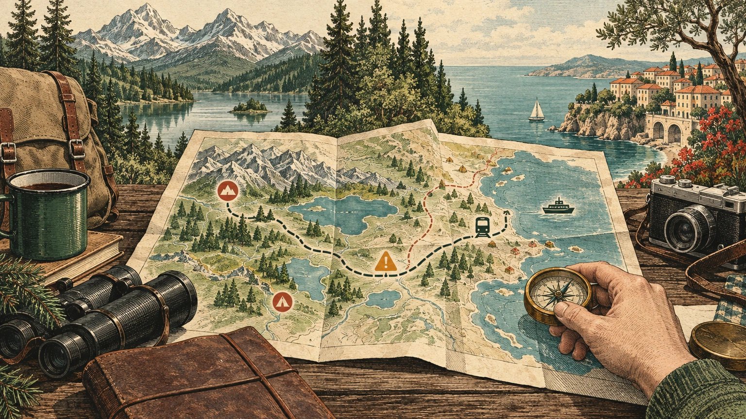 Illustrated map between two traveler preference cards with pace and fallback symbols